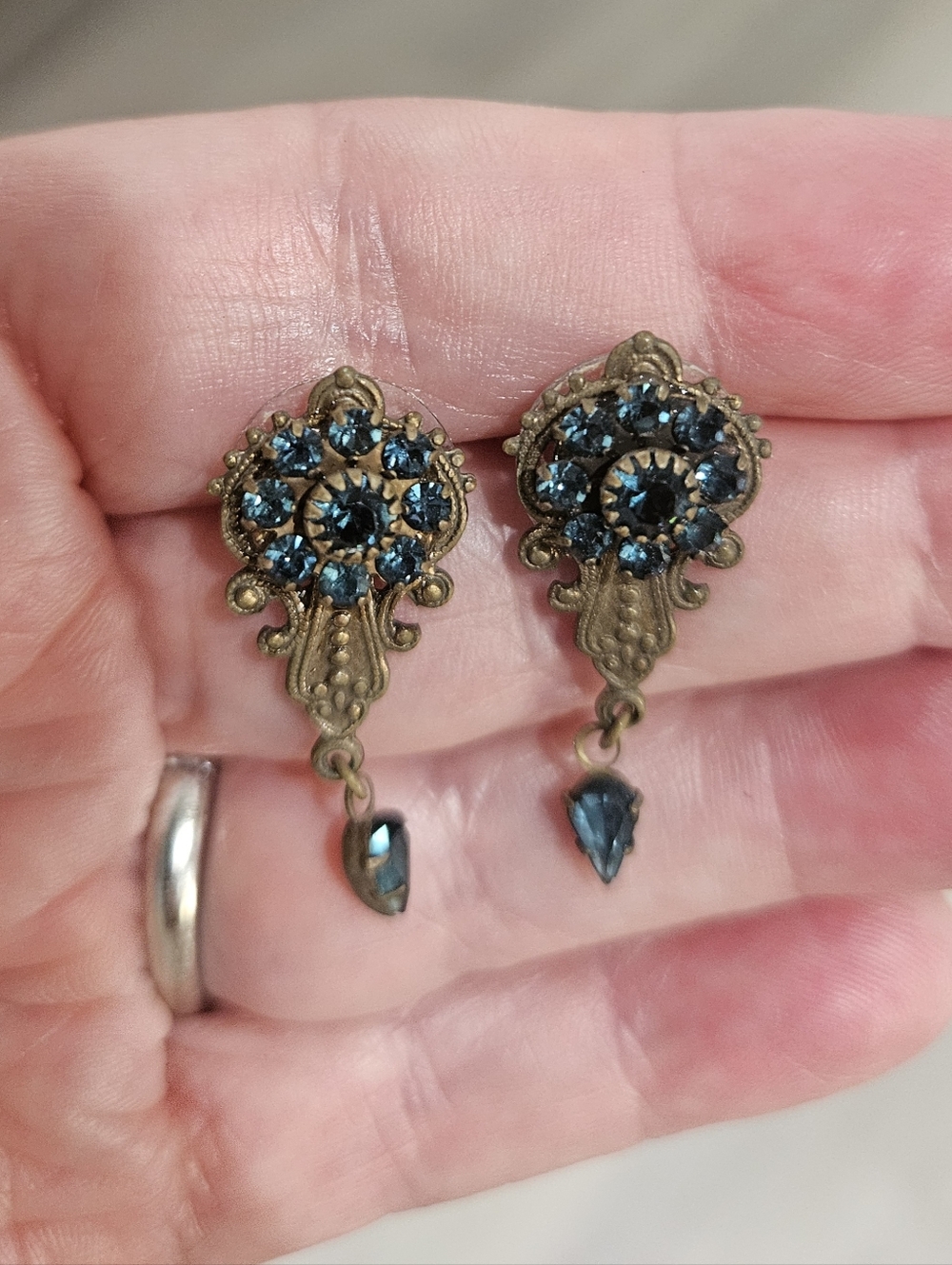 1928 Brand Blue Rhinestone Antiqued Goldtone Earrings Vintage 90s